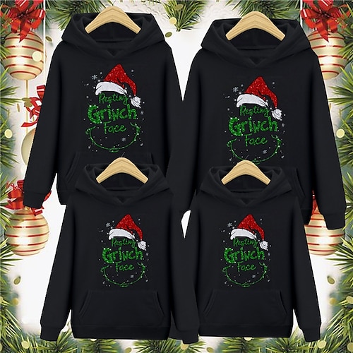 

Family Ugly Christmas Hoodie Letter Casual Pocket Black Long Sleeve Daily Matching Outfits