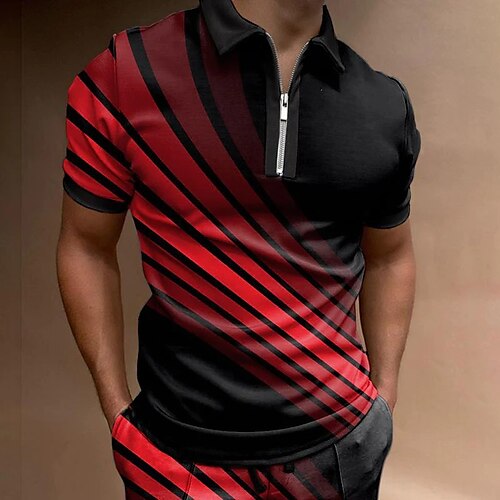 

Men's Collar Polo Shirt Golf Shirt Graphic Prints Linear Turndown Red 3D Print Outdoor Street Short Sleeves Zipper Print Clothing Apparel Fashion Designer Casual Breathable