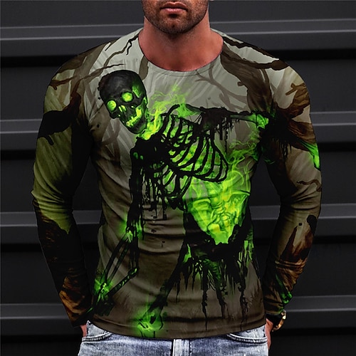 

Men's T shirt Tee Skull Graphic Prints Skeleton Crew Neck Green Purple Yellow Gray 3D Print Outdoor Street Long Sleeve Print Clothing Apparel Basic Sports Designer Casual