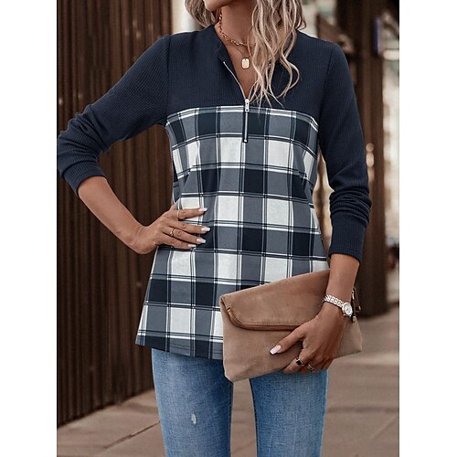 

Women's Sweatshirt Pullover Basic Zipper Blue Plaid Street V Neck Long Sleeve S M L XL