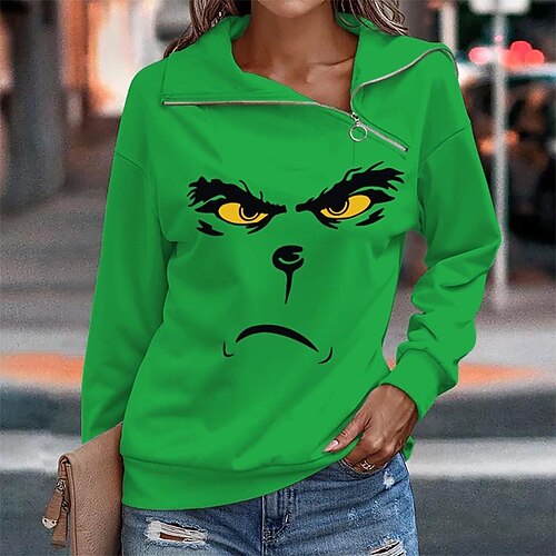 

Women's Sweatshirt Pullover Streetwear Zipper Green Beige White Graphic Snowman Christmas V Neck Long Sleeve S M L XL 2XL 3XL