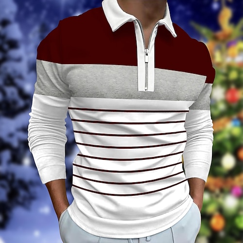 

Men's Collar Polo Shirt Zip Polo Golf Shirt Striped Turndown Black Red Navy Blue Christmas Street Long Sleeve Button-Down Clothing Apparel Basic Designer Comfortable Big and Tall / Daily
