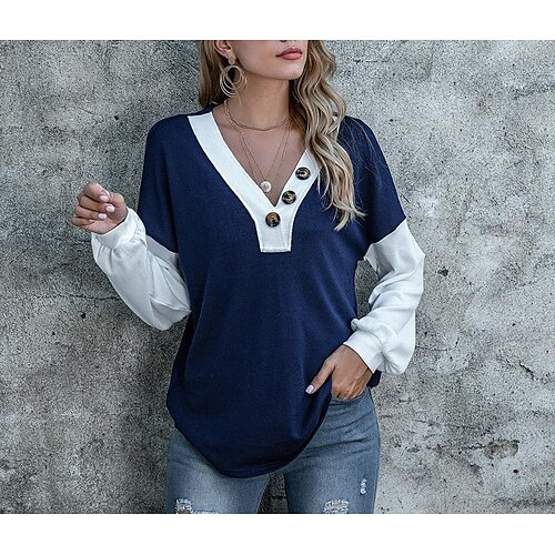 

Women's Blouse Shirt Blue Color Block Patchwork Button Long Sleeve Casual Basic V Neck Regular S