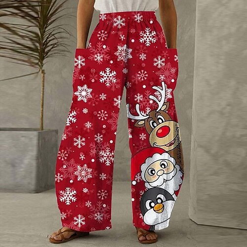 

Women's Pants Trousers Red Fashion Christmas Weekend Side Pockets Wide Leg Micro-elastic Full Length Comfort Santa Claus S M L XL 2XL