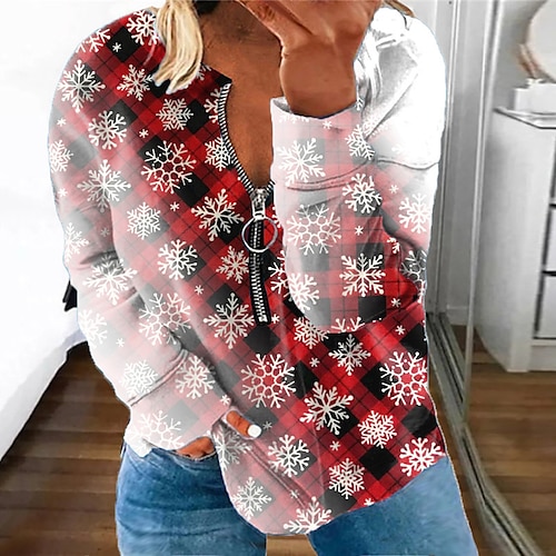 

Women's Plus Size Christmas Tops Pullover Sweatshirt Plaid Santa Claus Zipper Print Long Sleeve Round Neck Casual Festival Daily Polyester Winter Fall Green Red