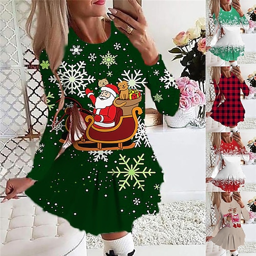 

vestido de columpio de navidad para mujer mini vestido corto verde verde oscuro fucsia rojo beige manga larga a cuadros santa claus elk estampado plisado otoño invierno cuello redondo elegante