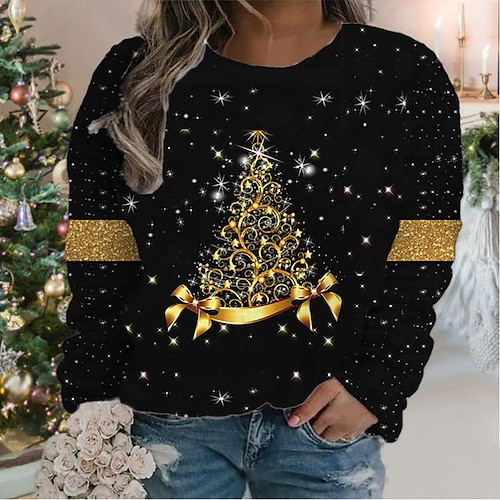 

Women's Plus Size Christmas Tops Pullover Sweatshirt Graphic Deer Long Sleeve Fashion Casual Festival Party Polyester Winter Fall Green Silver