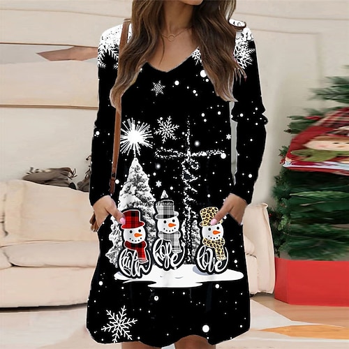 

Women's Christmas Casual Dress T Shirt Dress Tee Dress Mini Dress Black Long Sleeve Snowman Snowflake Pocket Print Winter Fall V Neck Vacation Casual 2022 S M L XL XXL 3XL