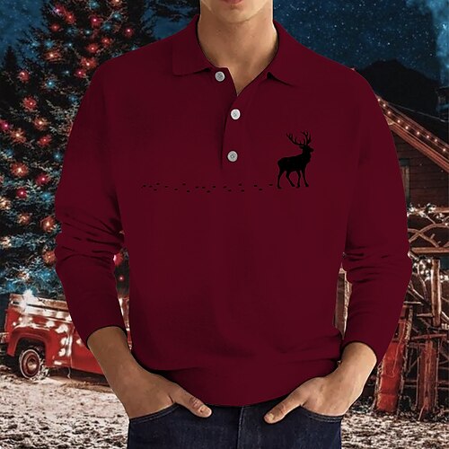 

Men's Collar Polo Shirt Golf Shirt Graphic Deer Turndown Green Black Blue Wine Coffee Hot Stamping Christmas Street Long Sleeve Button-Down Print Clothing Apparel Fashion Casual Comfortable / Daily