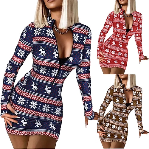 

Women's Christmas Bodycon Sheath Dress Short Mini Dress Dark Blue Red Brown Long Sleeve Elk Snowflake Zipper Print Fall Winter V Neck Stylish Casual Modern 2022 S M L XL XXL 3XL