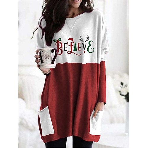 

Women's Christmas Casual Dress T Shirt Dress Tee Dress Shift Dress Mini Dress Green Red Long Sleeve Letter Pocket Winter Fall Autumn Crew Neck Stylish 2022 S M L XL 2XL 3XL 4XL 5XL