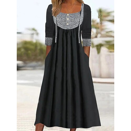 

Women's Black Dress Midi Dress Black 3/4 Length Sleeve Pure Color Button Winter Fall Spring Square Neck Casual Daily 2022 S M L XL 2XL 3XL