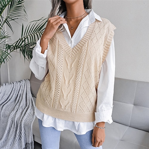 

Per donna Gilet maglione Maglione Cavi Maglia Lavorato a maglia Colore puro A V Moda Informale Esterno Giornaliero Inverno Autunno Beige S M L / Senza maniche / Fine settimana