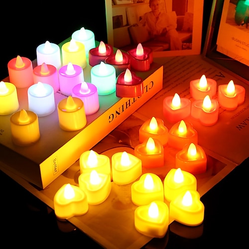 

24pcs Flameless LED Tealight Tea Candles Wedding Light Romantic Candles Lights Heart Led Candle Lights for Birthday Party Wedding Decorations