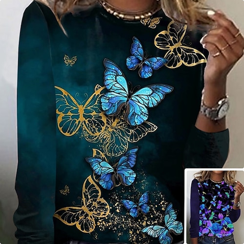 

Women's T shirt Tee Blue Purple Butterfly Print Long Sleeve Daily Weekend Basic Round Neck Regular Butterfly Painting S