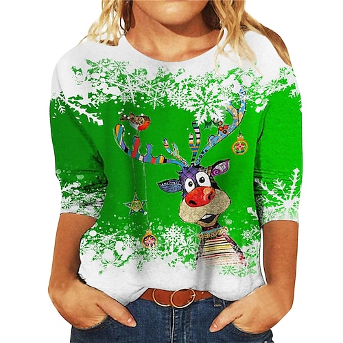 

Women's Plus Size Christmas Tops T shirt Tee Deer Snowflake Print Long Sleeve Crew Neck Casual Festival Daily Polyester Winter Fall Green Black