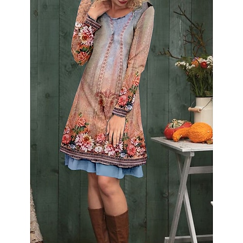 

Women's Casual Dress Sheath Dress Mini Dress Light Pink Long Sleeve Floral Print Winter Fall Spring V Neck Stylish Weekend 2022 S M L XL XXL 3XL