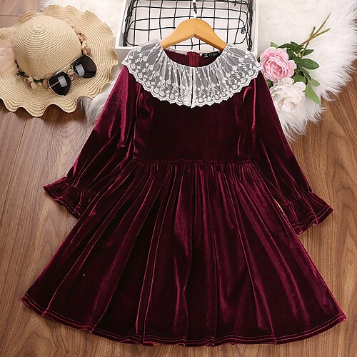 

Kids Girls' Dress Solid Color Velvet Dress Dress School Long Sleeve Adorable Dress 5-13 Years Winter Wine / Fall