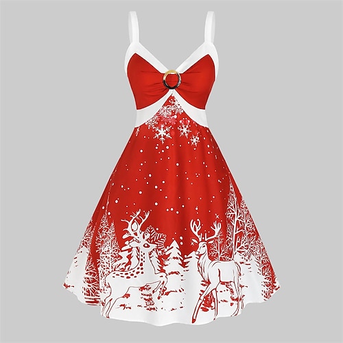 

Women's Swing Dress Vintage Dress Mini Dress Green Purple Red Sleeveless Deer Cold Shoulder Winter Fall Autumn Spaghetti Strap Christmas 2022 S M L XL XXL