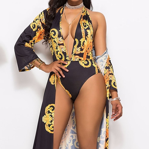

Mulheres Roupa de Banho Uma pedaço Monoquíni Fatos de banho 2 partes Normal roupa de banho Compressão abdominal Sem costas Estampado Cintura alta Flor Amarelo Maiô Mergulho Fatos de banho Sensual