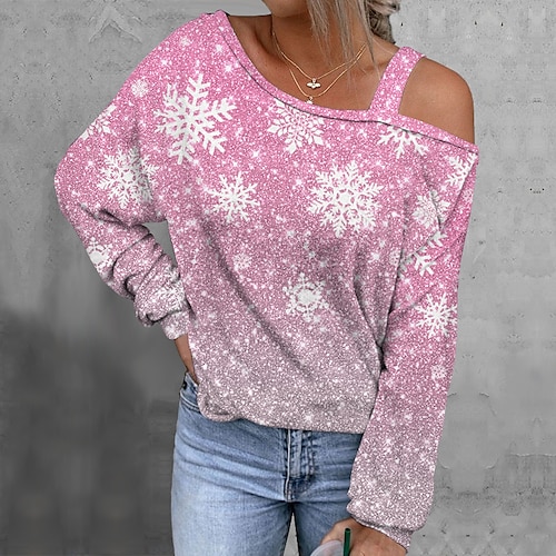 

Women's Blouse Shirt Green Blue Purple Snowflake Print Long Sleeve Christmas Weekend Streetwear Casual Off Shoulder Regular S