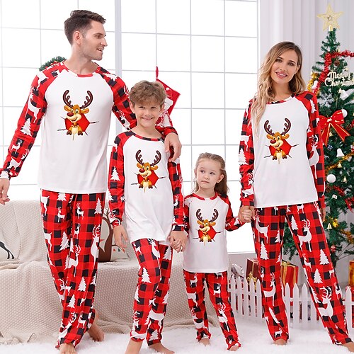 

Christmas Pajamas Family Plaid Elk Home White Long Sleeve Basic Matching Outfits