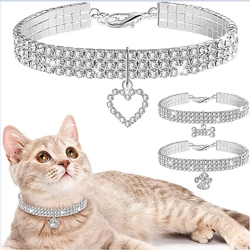 

3 Pcs Dog Cat Pearl Collar Necklace with Rhinestone Bone Fancy Cat Wedding Collar Jewelry for Cat Puppy Dogs Pets