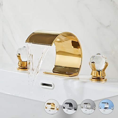 

Bathroom Faucet 3 Hole Dual Crystal Knobs Widespread 3 Holes Vanity Basin Mixer Tap Bathtub Filler Faucet Waterfall Faucet for Bathroom(Golden/Black/Chrome)