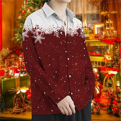 

Men's Shirt Graphic Prints Snowflake Turndown Wine Gray 3D Print Christmas Street Long Sleeve Button-Down Print Clothing Apparel Fashion Designer Casual Soft