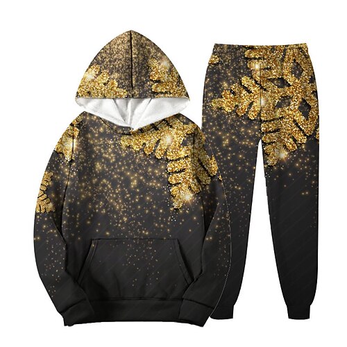 

2 Pieces Kids Boys Christmas Hoodie & Pants Outfit Snowflake Long Sleeve Set Casual Vacation Daily Winter Fall 7-13 Years Gold