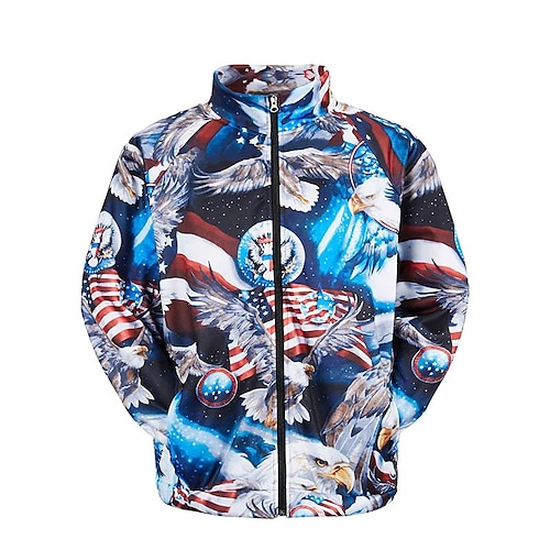 

Men's Coat Warm Sports & Outdoor Zipper Animal Eagle National Flag 3D Printed Graphic Standing Collar Fashion Jacket Outerwear Long Sleeve Zipper Fall & Winter