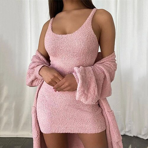 

Women's Pajamas Robes Gown Nightgown Sets 2 Pieces Pure Color Warm Comfort Soft Home Street Daily Fleece Straps Sleeveless Winter Fall Pink