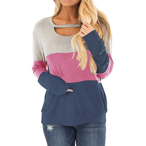 

Camisa de manga larga con bloque de color para mujer, túnica, tops con gargantilla recortada, blusas sueltas informales con cuello redondo, lindas sudaderas