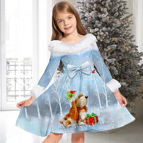 

Kids Girls' Christmas Dress Dog Casual Dress Above Knee Dress Christmas Gifts Fur Trim Crew Neck Long Sleeve Adorable Dress 2-13 Years Winter Blue