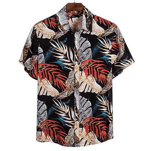 

Men's Shirt Floral Graphic Prints Leaves Turndown Black Yellow Navy Blue White 3D Print Outdoor Street Short Sleeves Button-Down Print Clothing Apparel Tropical Fashion Hawaiian Soft