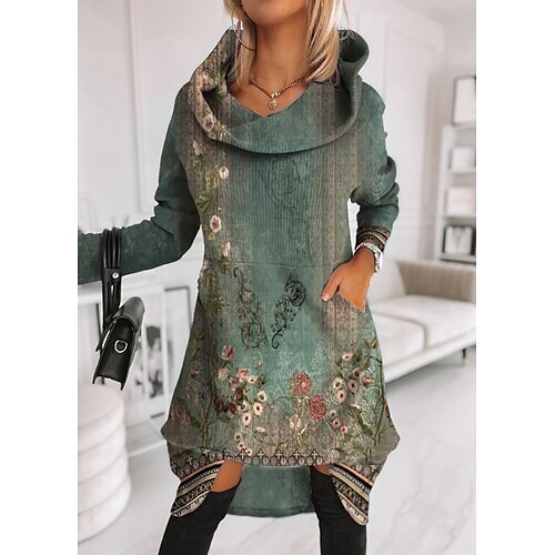 

Women's Sweater Dress Casual Dress Knit Dress Mini Dress Green Long Sleeve Floral Knit Winter Fall Autumn V Neck Modern Weekend 2022 S M L XL XXL 3XL