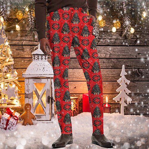 

Men's Christmas Pants Chinos Trousers Jogger Pants Chino Pants Pocket Print Christmas Comfort Breathable Full Length Party Casual Daily Streetwear Stylish Red Micro-elastic