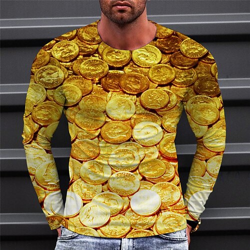 

Men's T shirt Tee Graphic Prints Crew Neck Gold Black Gold Yellow 3D Print Gold Coin Outdoor Street Long Sleeve Print Clothing Apparel Basic Sports Designer Casual