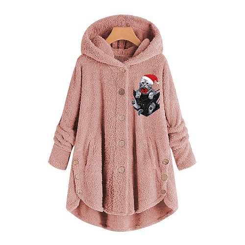

Women's Plus Size Christmas Fleece Jacket Teddy Coat Warm Button Pocket Cat Causal Long Sleeve Hooded Regular Winter Fall Black Pink Wine L XL XXL 3XL 4XL