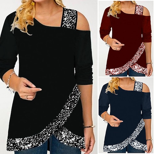 

Women's Plus Size Tops Blouse Solid Color Sequins Long Sleeve One Shoulder Casual Daily Vacation Polyester Winter Fall Wine Dark Blue