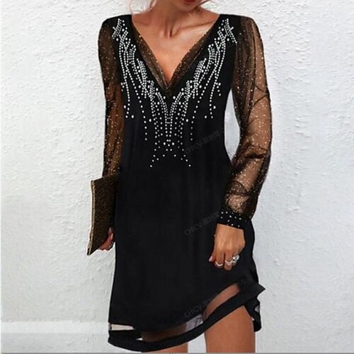 

Women's Casual Dress Sheath Dress Mini Dress Black Long Sleeve Graphic Mesh Winter Fall Spring V Neck Stylish Weekend 2022 S M L XL XXL 3XL
