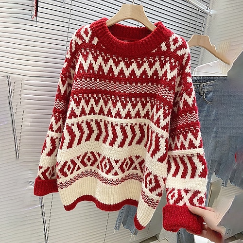 

Women's Pullover Sweater Jumper Ribbed Knit Knitted Striped Crew Neck Stylish Casual Outdoor Christmas Winter Fall Red White One-Size