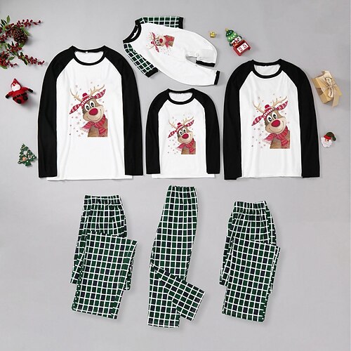 

Christmas Pajamas Family Plaid Elk Home White Long Sleeve Basic Matching Outfits