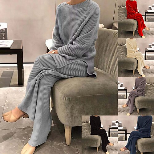 

Women's Pants Trousers Set 2 Piece Knitted Plain Classic Modern Regular Winter Wine Red Black Blue Dark Coffee Red