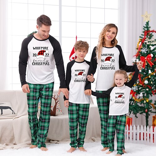 

Christmas Pajamas Family Plaid Letter Number Home Green Long Sleeve Basic Matching Outfits