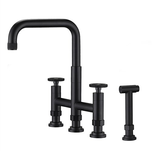

Bridge Kitchen Faucet with Side Spray,Rotatable Double Handles Two Holes Widespread Kitchen Tap Stainless Steel Matte Black