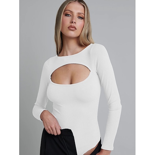 

Women's Bodysuit Green Black Blue Plain Cut Out Long Sleeve Casual Basic Round Neck S