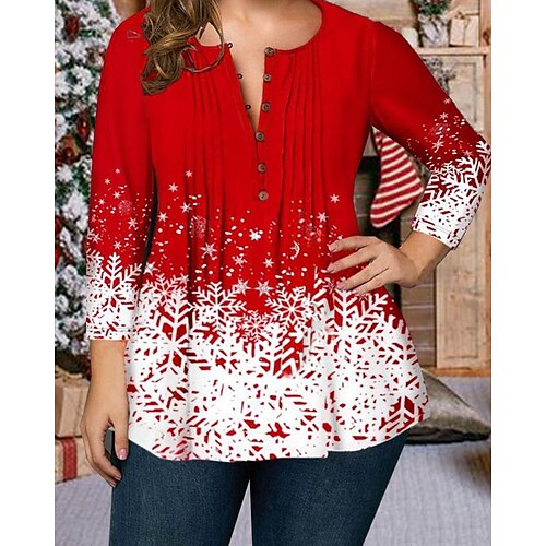 

Women's Plus Size Christmas Tops Blouse Snowflake Button Print Long Sleeve Round Neck Casual Festival Daily Polyester Winter Fall Red