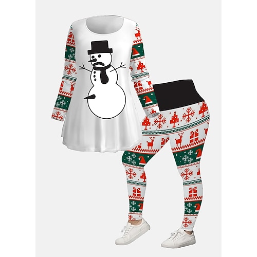 

Women's Plus Size Ugly Christmas Set Snowman Print 3/4 Length Sleeve V Neck Casual Vacation Polyester Winter Fall White