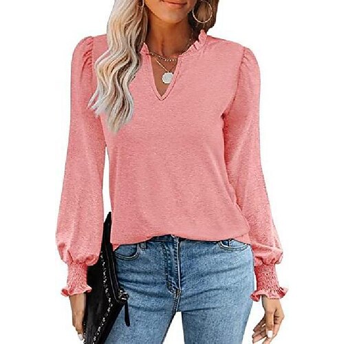 

2022 european and american women's clothing independent station wish fungus edge v-neck pleated puff sleeve casual long-sleeved t-shirt